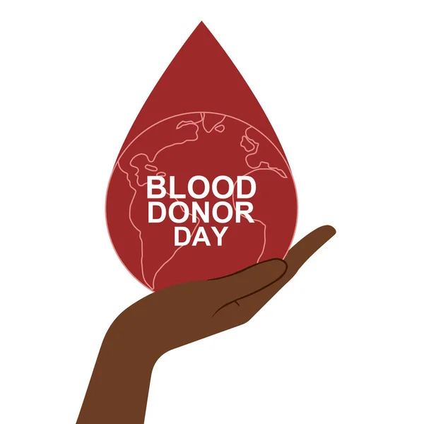 Koyu tenli el, Dünya gezegeniyle birlikte bir damla kırmızı kan tutuyor. Dünya Kan Bağışı Günü için Kanlı Kavram düz vektör ilüstrasyon posteri bağışlayın. 14 Haziran. Beyaz arka planda izole edilmiş. EPS 10 biçimi