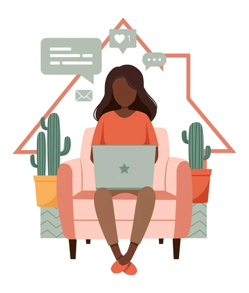 ホームオフィスのコンセプトは 椅子に座ってノートパソコンを持つ暗い肌の少女 家で働く女性 フリーランスや勉強 学生やフリーランスの概念 フラットスタイルでかわいいベクトルイラスト Eps — ストックベクタ