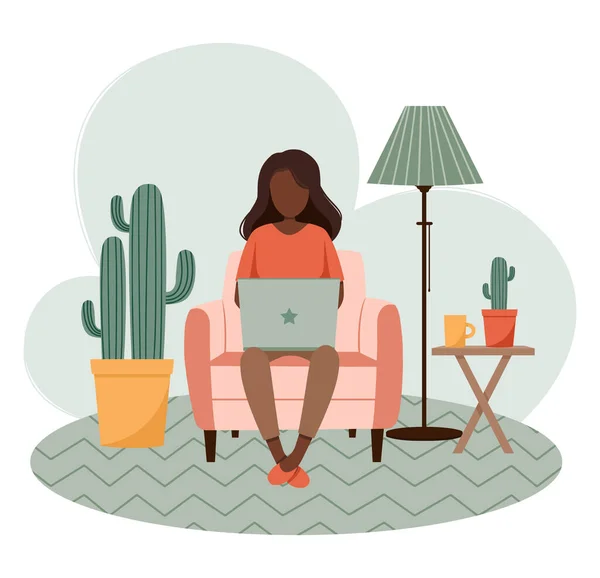Ev işi kavramı, dizüstü bilgisayarı olan bir kız sandalyede oturuyor. Esmer tenli kadın evden çalışıyor. Serbest meslek ya da öğrenim, öğrenci ya da serbest meslek. Düz şekilli şirin vektör çizimi. EPS10
