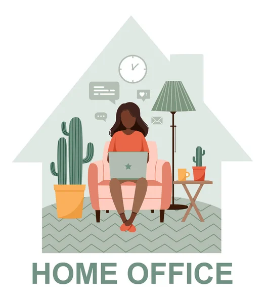 Mulher Pele Escura Com Laptop Cadeira Freelance Estudar Ficar Casa —  Vetores de Stock