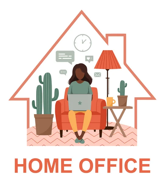 Sandalyesinde dizüstü bilgisayarı olan esmer bir kadın. Serbest çalışmak ya da evde kalmak. Evde çalışan genç bir kız. Koronavirüsten kendini izole etme kalkanı. Karantina sırasında evden uzak çalışma. 