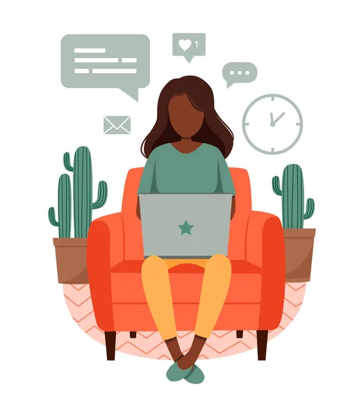 Ev işi kavramı, sandalyede oturan dizüstü bilgisayarlı esmer kız. Evden çalışan bir kadın. Serbest meslek ya da öğrenim, öğrenci ya da serbest meslek. Düz şekilli şirin vektör çizimi. EPS 10