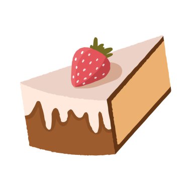 Çilekli kek dilimi. Elle çizilmiş çikolatalı cheesecake dilimi çizimi. Beyaz arka planda izole edilmiş kremalı turta ile renkli bir tatlı. EPS 10 biçimi