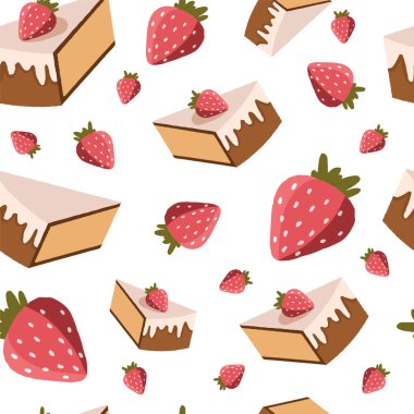 Çilek arkaplanlı renkli pasta dilimleri. Beyaz arka planda dikişsiz krem vektör desenli el çizimi çikolatalı kek. EPS 10 biçimi