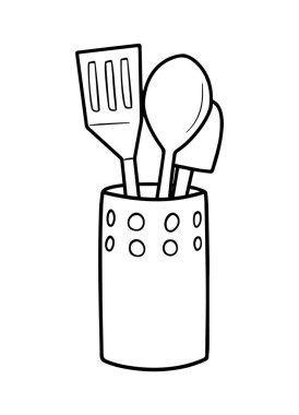 Mutfak spatulası ve kaşığı olan paslanmaz çelik bir kaşık. Ev için mutfak malzemeleri ve mutfak gereçleri. Yemek aletleri, bulaşık yapmak için aletler. İzole vektör illüstrasyonu EPS10