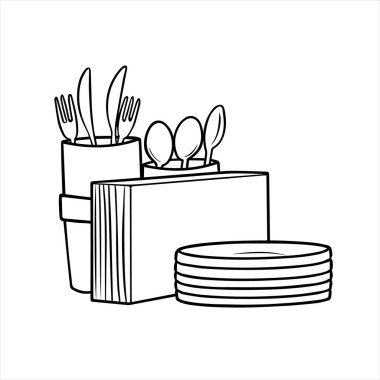 El çizimi mutfak personeli. Mutfak ve yemek tasarım elementleri beyaz arka planda. Tabak, bıçak, bardak, peçete, kaşık, çatal. EPS 10 biçimi