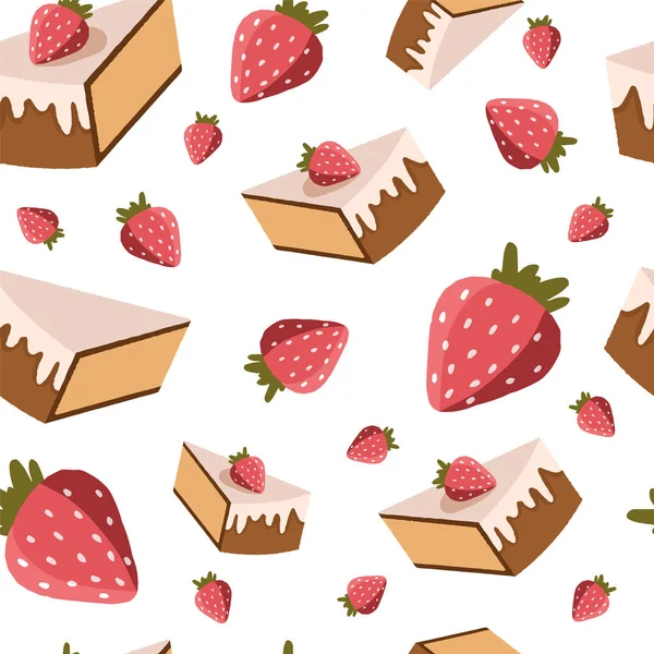 Çilek arkaplanlı renkli pasta dilimleri. Beyaz arka planda dikişsiz krem vektör desenli el çizimi çikolatalı kek. EPS 10 biçimi