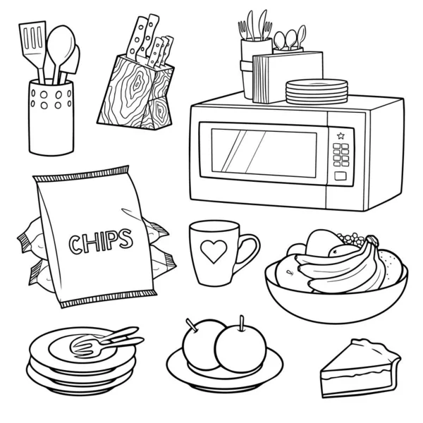 手書きのスケッチキッチンツールのセット 白い背景にキッチンや調理ラインアートデザイン要素 チップ カップ フルーツ プレート ナイフ バナナ Eps 10フォーマット — ストックベクタ