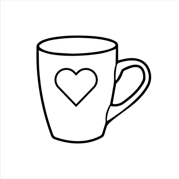 Kalp şeklinde bir fincanın vektör çizgisi çizimi. Doodle tarzı kupa beyaz arkaplanda izole edilmiş. Ev için mutfak malzemeleri ve mutfak gereçleri. EPS 10 biçimi