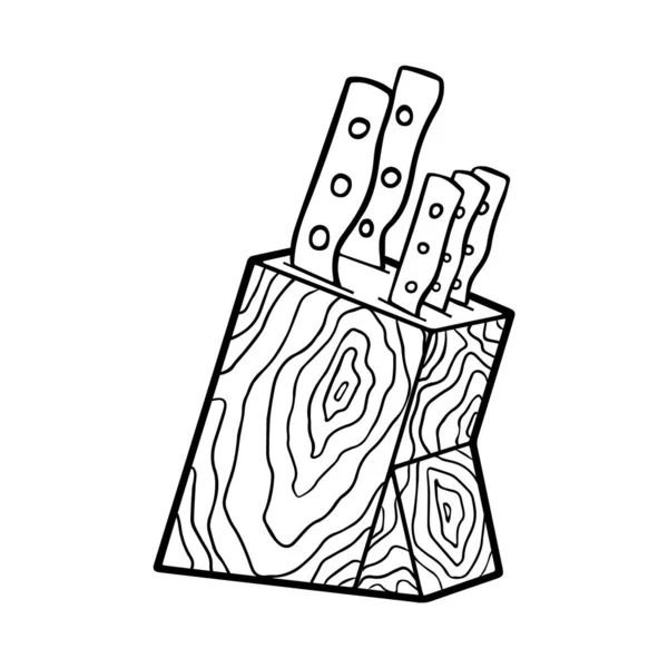 Kesmek ve doğramak için bıçaklar, izole karalama çizgisi simgesi. Ev için mutfak malzemeleri ve mutfak gereçleri. Yemek aletleri, bulaşık yapmak için aletler. Tahta tezgahta keskin bıçak ustası, EPS10 vektörü. 