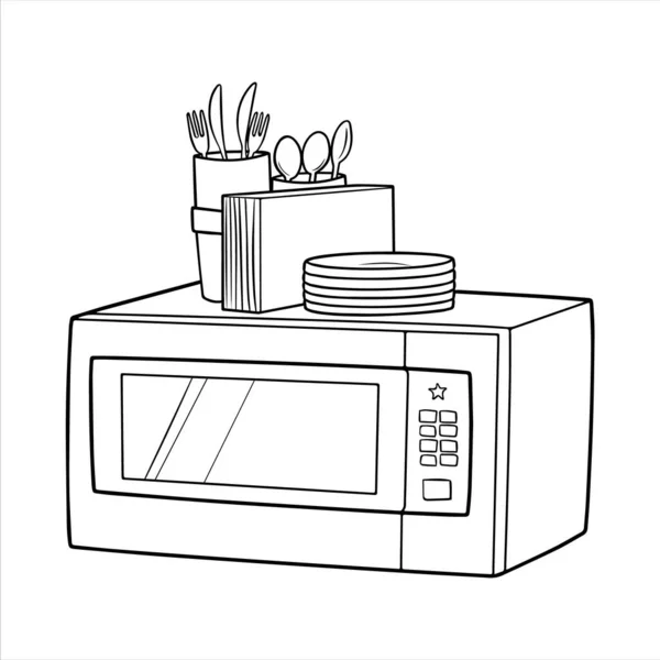 Mikrodalga ve mutfak personeli ana hatları beyaz arka planda izole edilmiş bir ikon. Mutfak ve yemek tasarımı elementleri. Tabak, bıçak, bardak, peçete, kaşık, çatal. Sanat tarzında ev aletleri. EPS 10