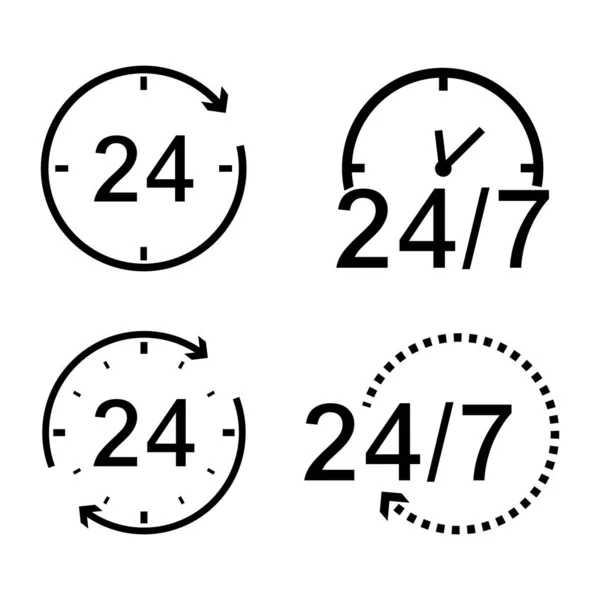 24 saat simgesi ayarlandı. 7 gün 24 saat açık, müşteri hizmetleri, 24 saat açık çağrı merkezi, her gün açık. Beyaz arka planda düz izole vektör çizimi. EPS 10 biçimi