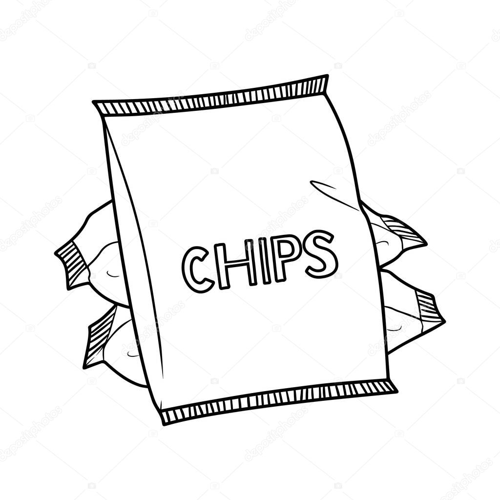 Vector line hand drawn illustration of snack and junk food chips package. Foil bags icon isolated on white background. EPS 10 format