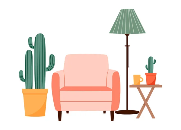 Ilustração Bonito Minimalista Sala Estar Interior Acessórios Para Casa Mobília —  Vetores de Stock