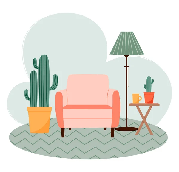 Illustrazione Interni Carino Soggiorno Minimalista Mobili Moderni Piante Domestiche Cactus — Vettoriale Stock