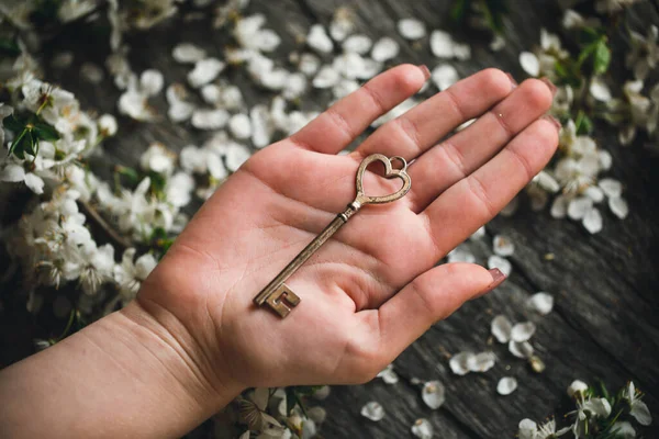 Hand with antique skeleton key. The key in a human hand.