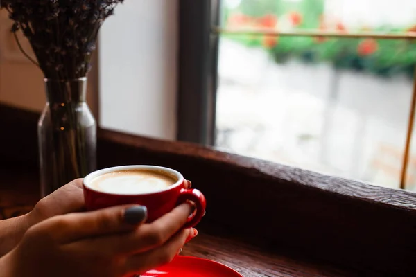 Tasse Cappuccino Den Händen Eines Jungen Mädchens Mädchen Mit Einer — Stockfoto