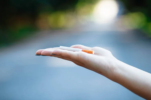 Woman Cigarette Her Hand Close Place Text Smoking Cessation Concept — Stock Photo, Image