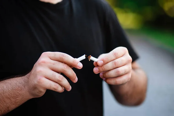 World Smoking Day Fight Nicotine Addiction Guy Breaks Cigarette Male — Stock Photo, Image