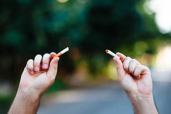 World Smoking Day Fight Nicotine Addiction Guy Breaks Cigarette Male — Stock Photo, Image