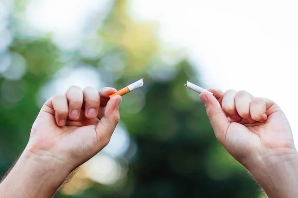 World Smoking Day Fight Nicotine Addiction Guy Breaks Cigarette Male — Stock Photo, Image
