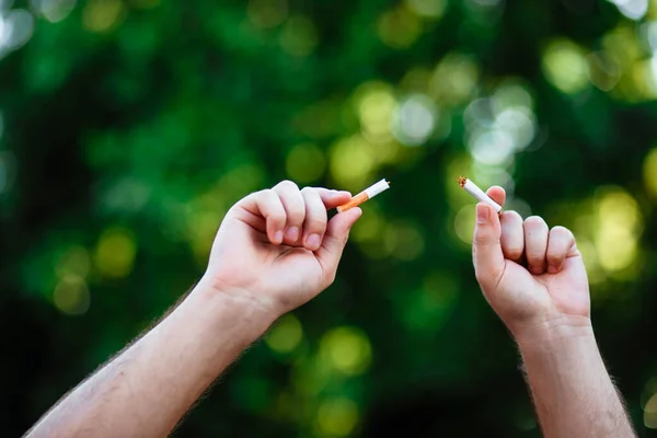 World Smoking Day Fight Nicotine Addiction Guy Breaks Cigarette Male — Stock Photo, Image