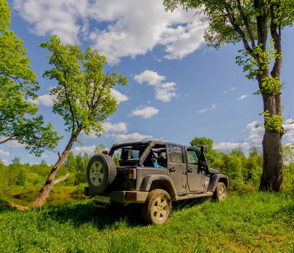 Новгородська Обл Росія Травня 2018 Jeep Wrangler Березі Річки Луга — стокове фото