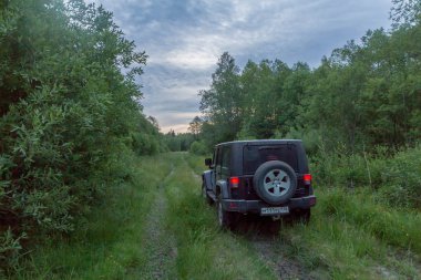 Leningrad region, Rusya Federasyonu, 27 Temmuz 2018: Jeep Wrangler akşam güneşin kırsal bir yolda. Wrangler kompakt dört tekerlekli arabayla yol ve spor yeni araç kapalı olduğunu