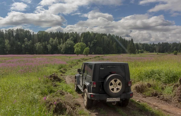 2018 Leningrad Bölge Rusya Jeep Wrangler Leningrad Bölgesinde Orman Yolu — Stok fotoğraf