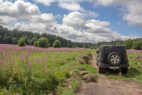 2018 Région Leningrad Russie Jeep Wrangler Avec Route Forestière Dans — Photo