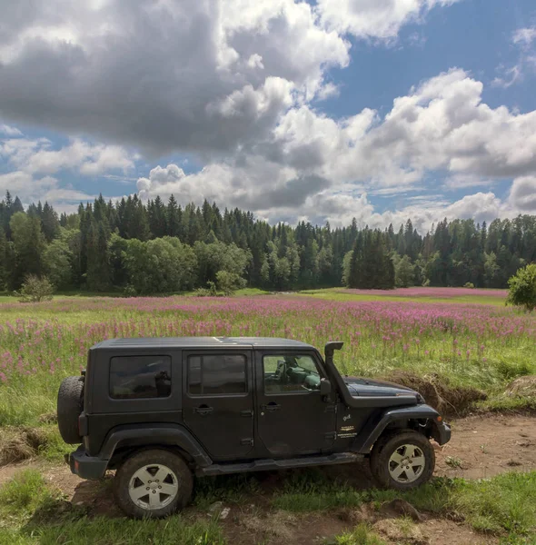 2018 Leningrádi Régióban Oroszország Jeep Wrangler Erdei Úton Leningrádi Régióban — Stock Fotó