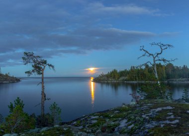 Ladoga Gölü mehtaplı gece. Karelya. Rusya