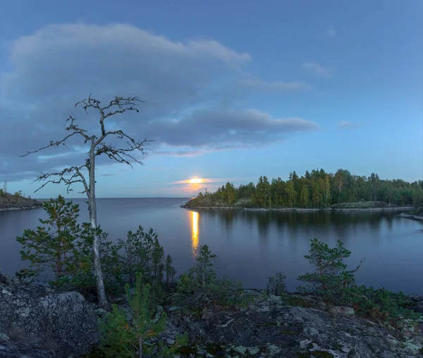 Noche Luz Luna Lago Ladoga Karelia Rusia — Foto de Stock