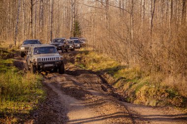 Leningrad region. Russia, November 4, 2018: Hummer H3 off-road in the Leningrad region . H3 is a compact four wheel drive off road and sport utility vehicle clipart