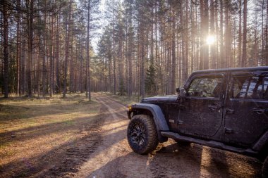 Leningrad bölge. Rusya, 4 Kasım 2018: Jeep Wrangler off-road Leningrad bölgesinde. Wrangler kompakt dört tekerlekli arabayla yol ve spor yeni araç kapalı olduğunu