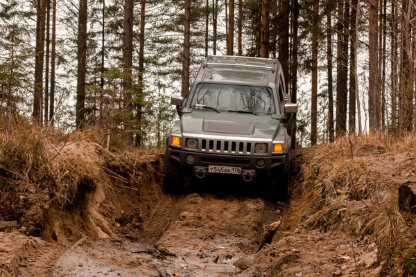 Leningrad Region Russia November 2018 Big Suvs Hummer Overcoming Water — Stock Photo, Image