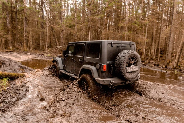 Leningrad Region Russia November 2018 Jeep Wrangler Overcoming Water Barrier — Stock Photo, Image