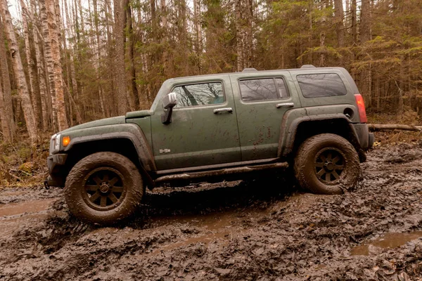 Leningrad Region Russia November 2018 Big Suvs Hummer Overcoming Water — Stock Photo, Image