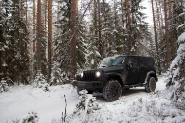 Leningrad bölge. Rusya, 20 Aralık 2018: Jeep Wrangler karlı bir ormanda. Leningrad bölge. Wrangler kompakt dört tekerlekli arabayla yol ve spor yeni araç kapalı olduğunu