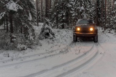 Leningrad bölge. Rusya, 20 Aralık 2018: Jeep Wrangler karlı bir ormanda. Leningrad bölge. Wrangler kompakt dört tekerlekli arabayla yol ve spor yeni araç kapalı olduğunu