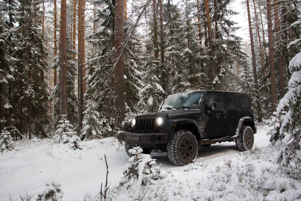 Leningrad Bölge Rusya Aralık 2018 Jeep Wrangler Karlı Bir Ormanda — Stok fotoğraf