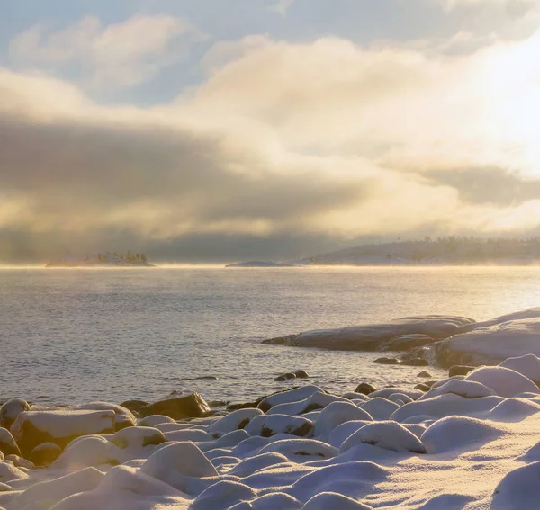 Frosty Sunrise Lake Ladoga Karelia Russia — Stockfoto