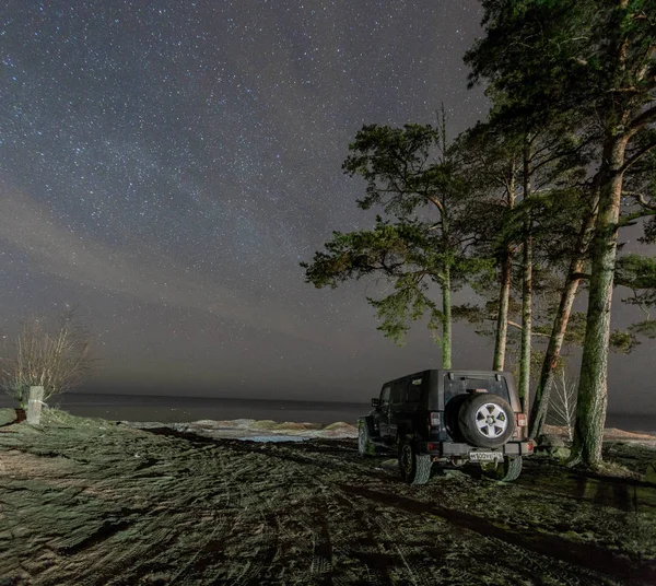 Lago Ladoga Región Leningrado Rusia Abril 2019 Jeep Wrangler Shore — Foto de Stock