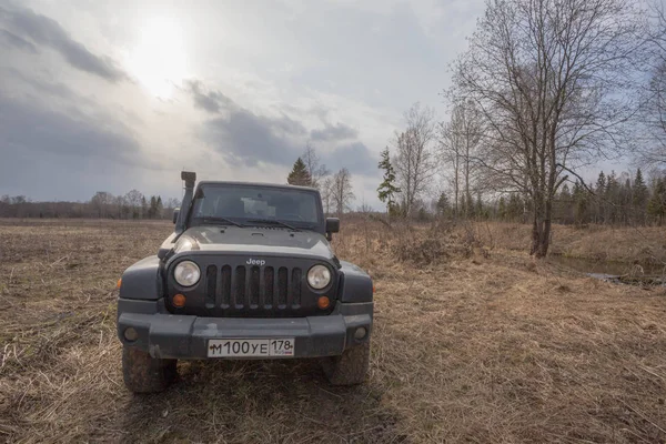 Ленинградская Область Россия Апреля 2019 Года Джип Wrangler Весеннем Поле — стоковое фото