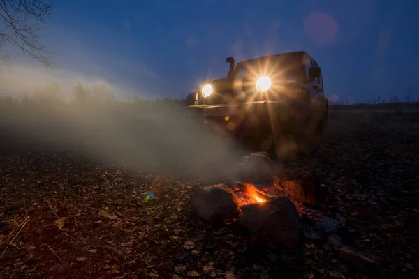 Regio Leningrad Rusland April 2019 Jeep Wrangler Bij Kampvuur Wrangler — Stockfoto