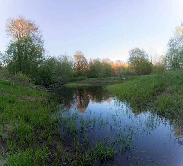 spring sunrise on the forest river. Leningrad region. Russia