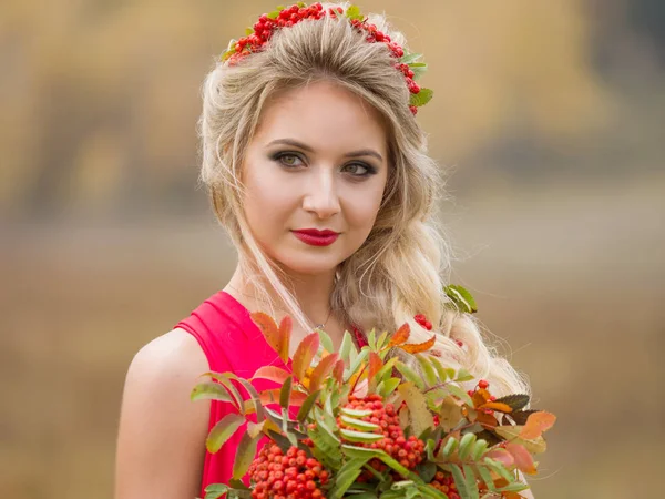 Portrét krásné dívky s účes a make-up na přírodu na podzim — Stock fotografie