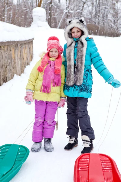 Две девушки с санями стоят на горе в зимнем парке — стоковое фото