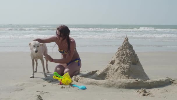 Una chica está construyendo un castillo de arena en la orilla del mar abrazando a un perro blanco. 4K — Vídeos de Stock