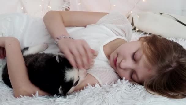 Bebé acariciando a un cachorro husky en la cama — Vídeo de stock
